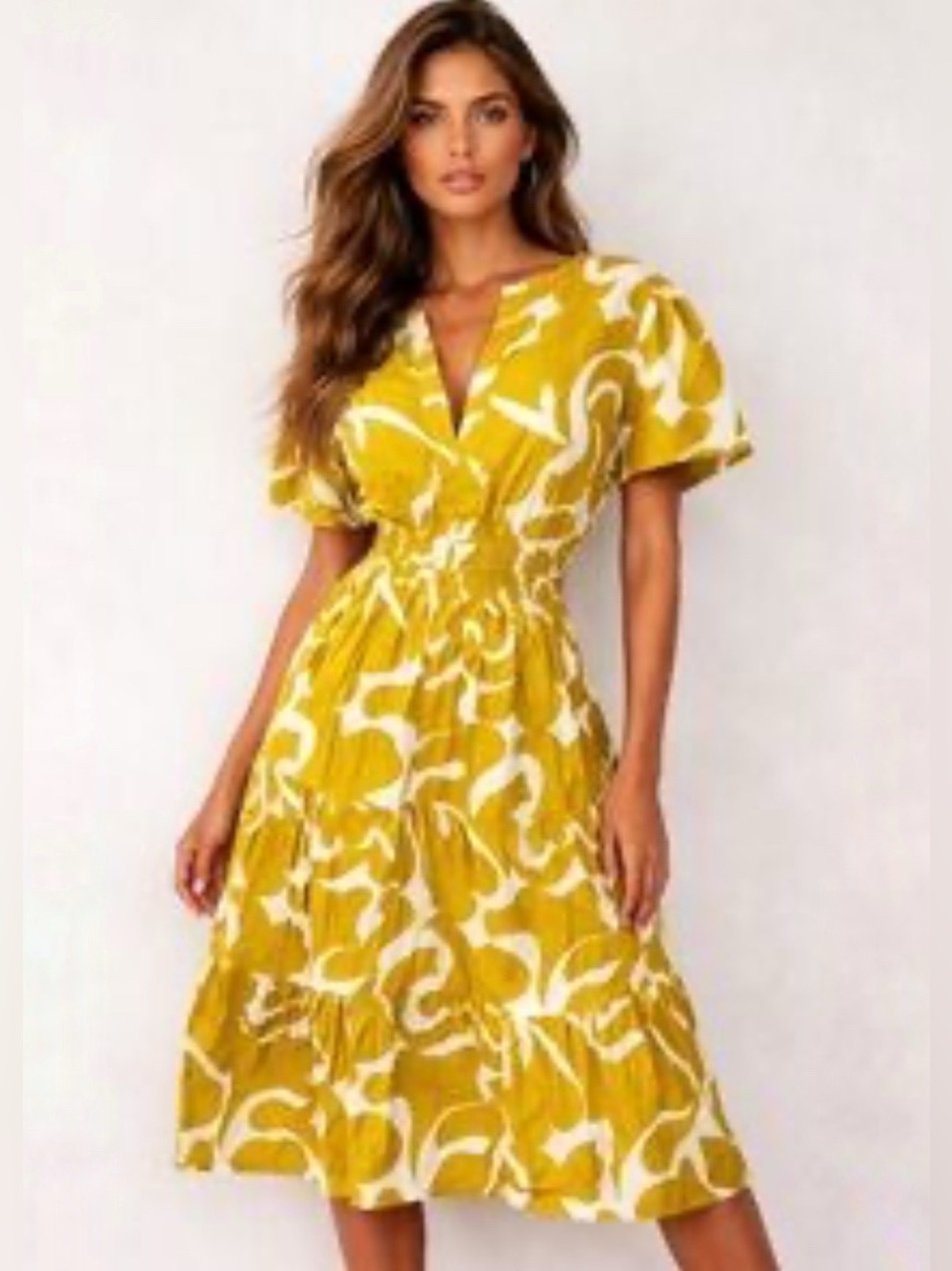 Kings Road Mustard Yellow & White Smocked Waist Tiered Midi Dress Size Petite S